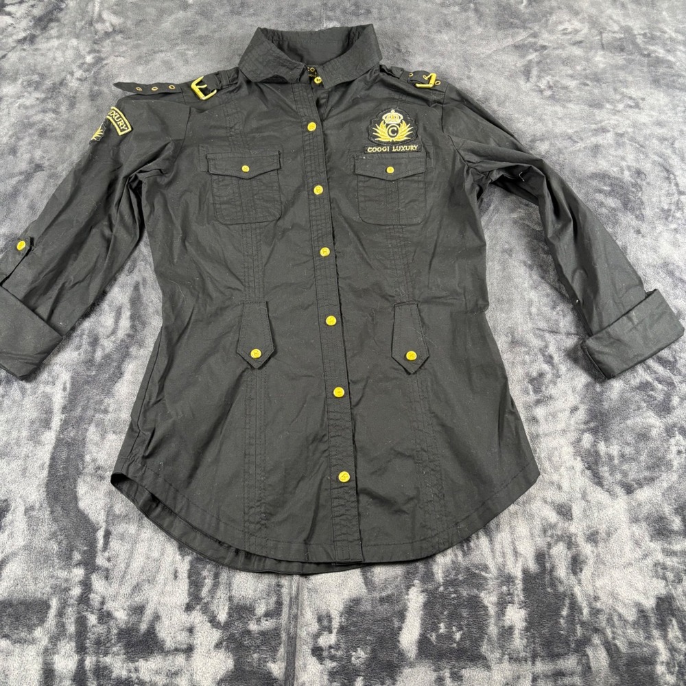 Coogi Luxury Button Down Shirt Womens S Black Military Crest Gold Hardware 4819